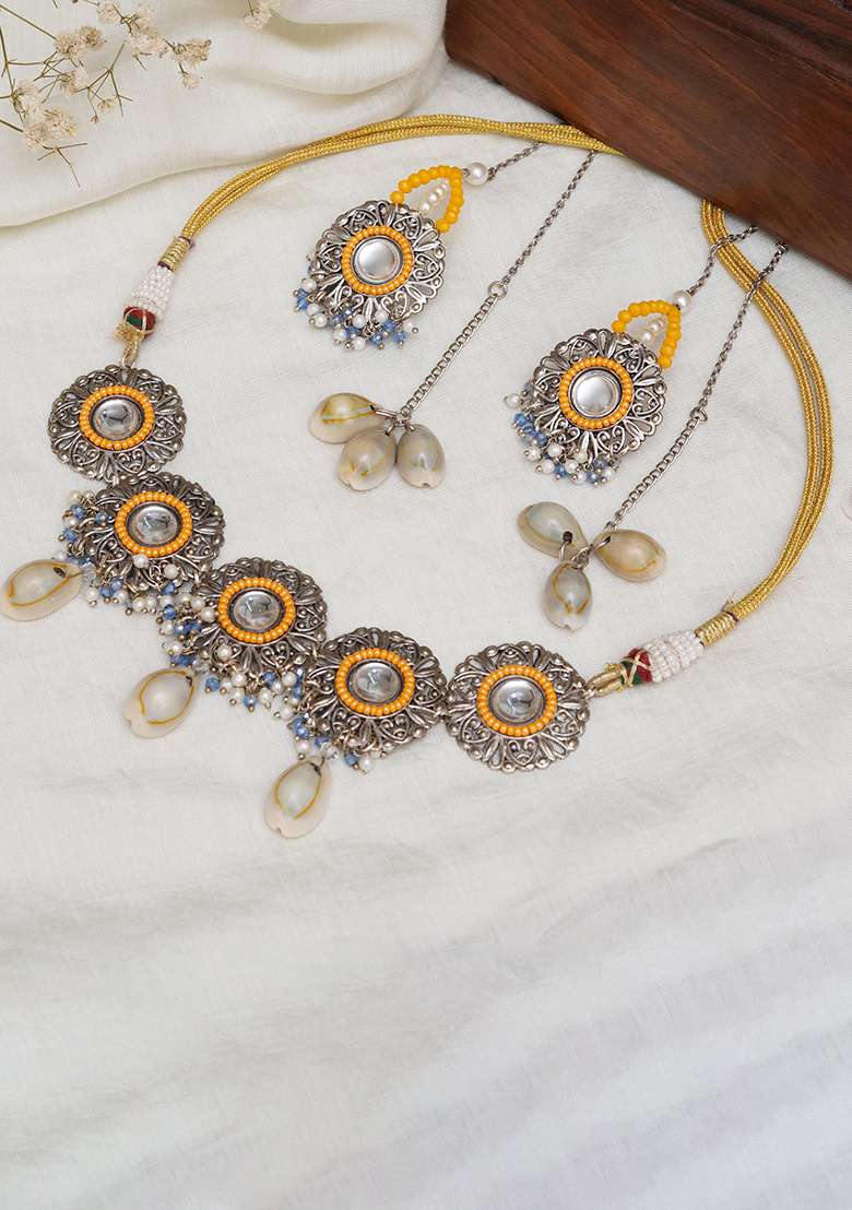 Royal Mirrorwork Oxidized Necklace And Earrings Set With Shells - Indya