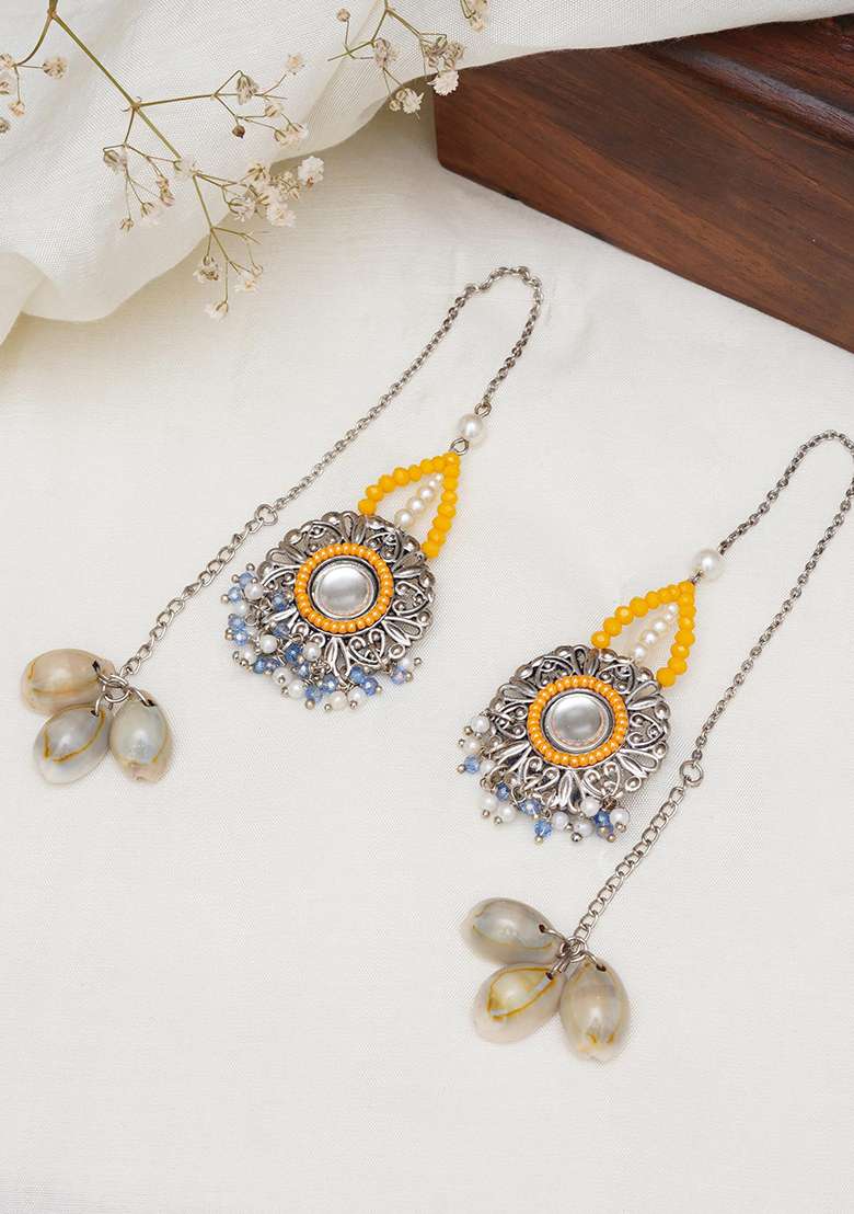 Royal Mirrorwork Oxidized Necklace And Earrings Set With Shells - Indya