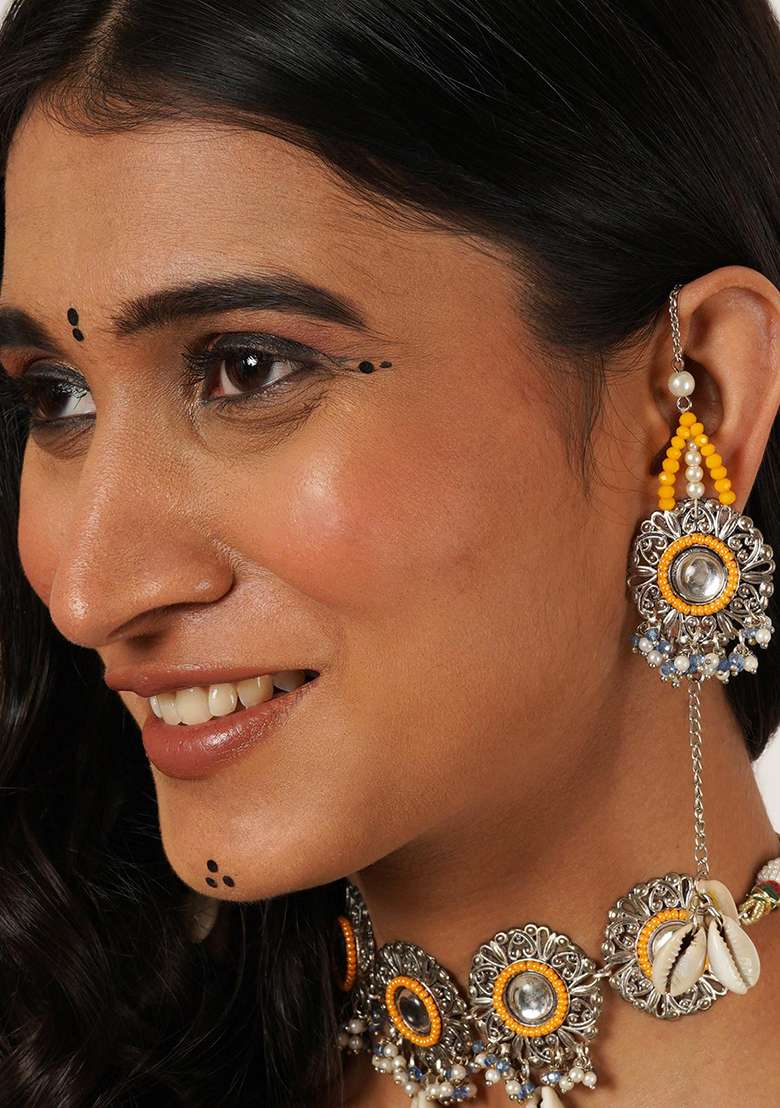 Royal Mirrorwork Oxidized Necklace And Earrings Set With Shells - Indya