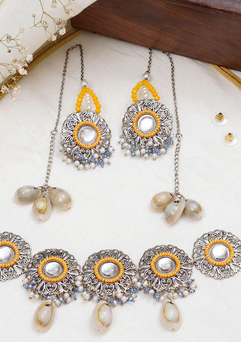 Royal Mirrorwork Oxidized Necklace And Earrings Set With Shells - Indya
