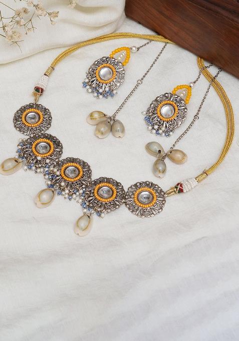 Royal Mirrorwork Oxidized Necklace And Earrings Set With Shells