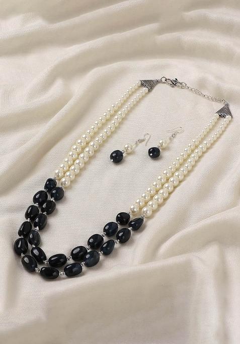 Black Sotnes And White Pearls Layered Necklace With Matching Earrings