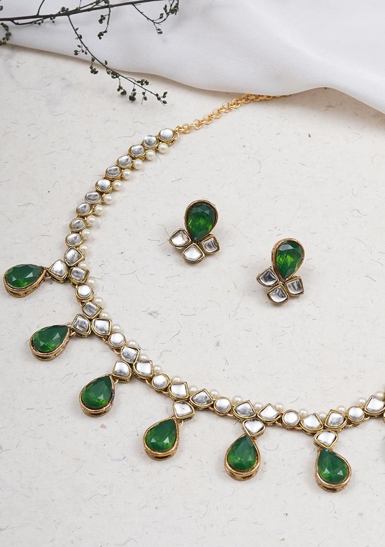 Dark Green Crystal Kundan Necklace - Indya