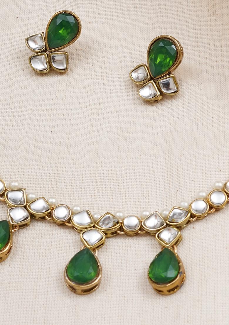 Dark Green Crystal Kundan Necklace - Indya