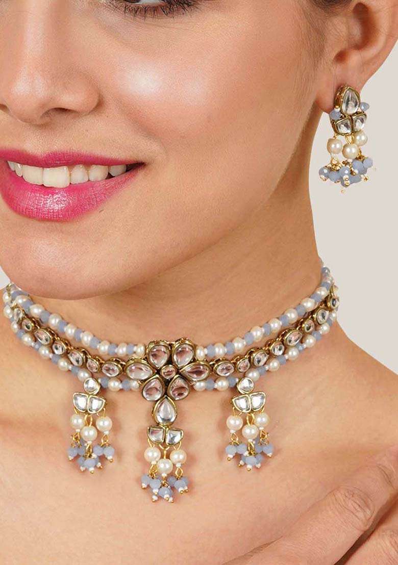 Dual Tone Kundan Necklace Set - Indya