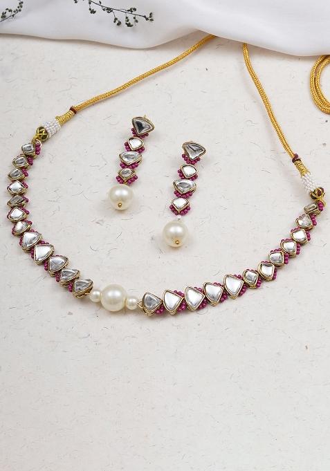 Pink Triangle –Mangle Necklace With Matching Earrings