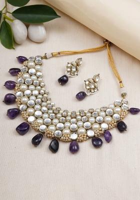 Royal Amethyst And Pearl Kundan Choker Set With Matching Earrings