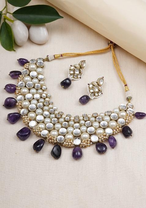 Royal Amethyst And Pearl Kundan Choker Set With Matching Earrings
