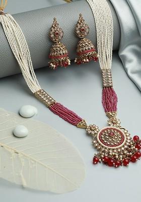 Gold Plated And Magenta Kundan Stone Studded Jewellery Set