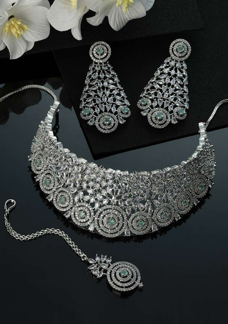 Silver Plated Pastel Green Ad Studded And Beaded Jewellery Set - Indya