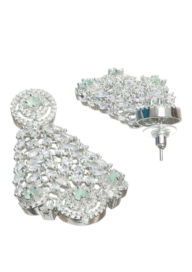 Silver Plated Pastel Green Ad Studded And Beaded Jewellery Set - Indya