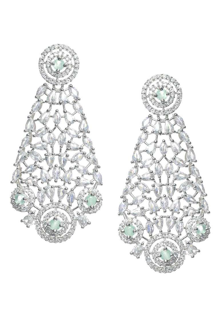 Silver Plated Pastel Green Ad Studded And Beaded Jewellery Set - Indya