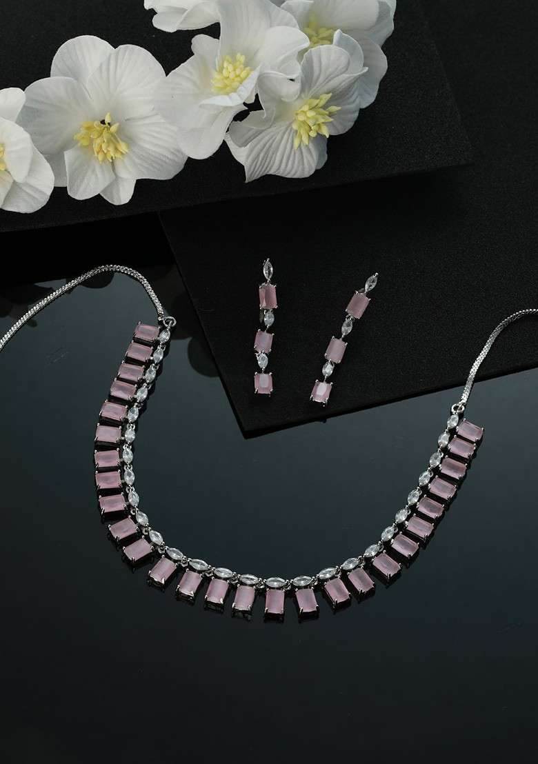 Silver Plated Pink Ad Studded Jewellery Set - Indya