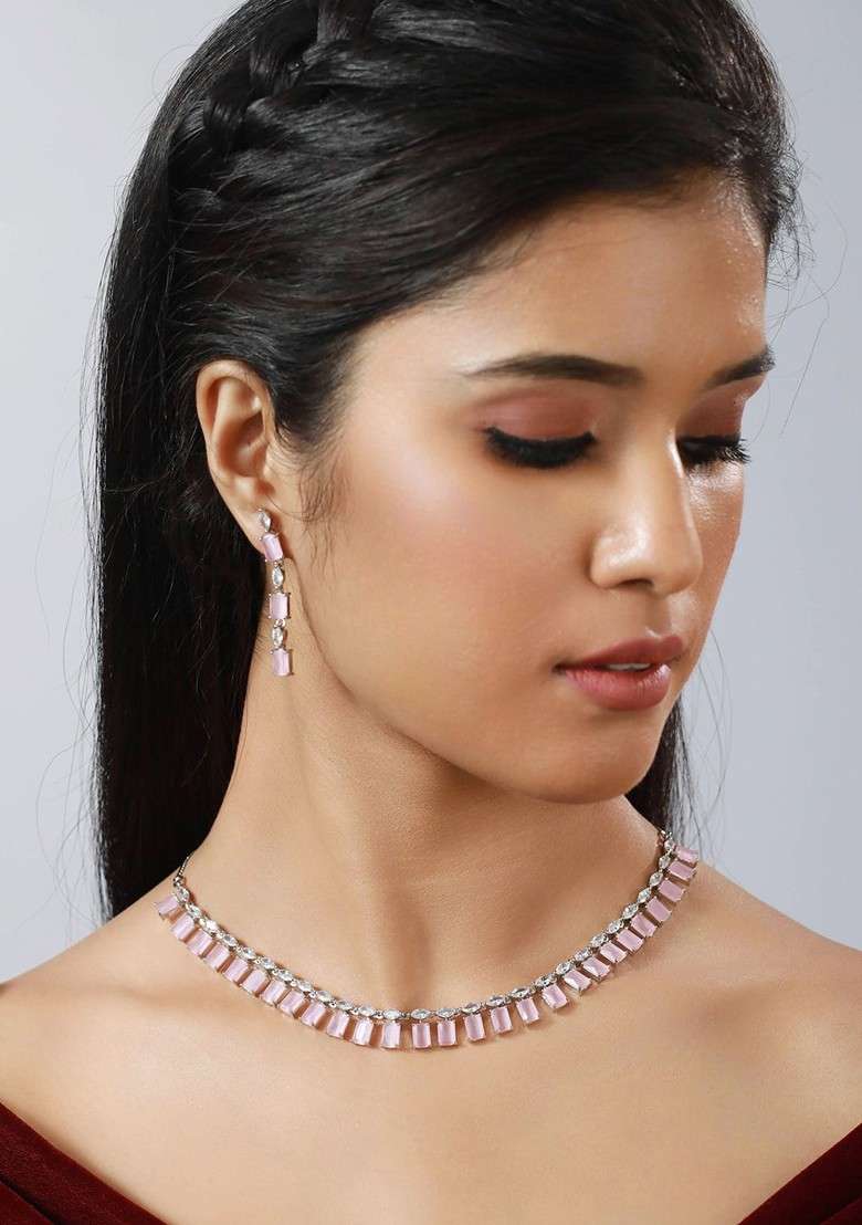 Silver Plated Pink Ad Studded Jewellery Set - Indya