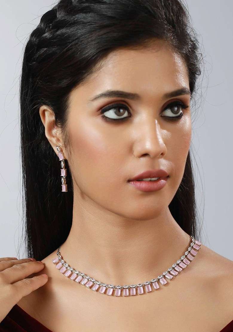 Silver Plated Pink Ad Studded Jewellery Set - Indya