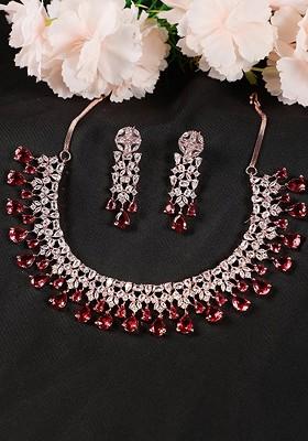 Rose Gold Plated Maroon Stone Studded Jewellery Set