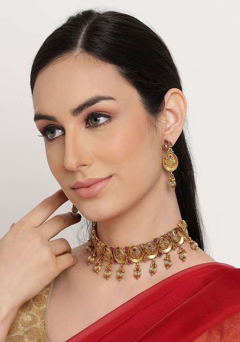 Women Gold Plated And Pink Stone Studded Jewellery Set - Indya