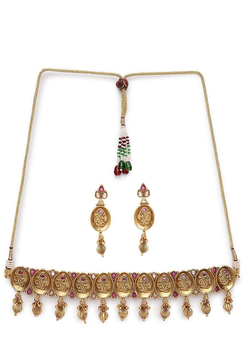 Women Gold Plated And Pink Stone Studded Jewellery Set - Indya