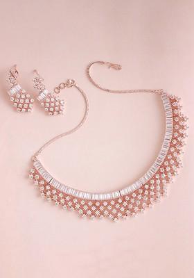 Rose Gold Plated White Stone Studded Jewellery Set