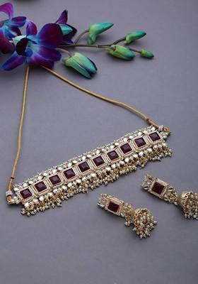 Gold Plated Maroon Kundan Studded Jewellery Set