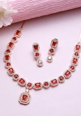 Red American Diamond Rose Gold Plated And Cz Studded Jewellery Set
