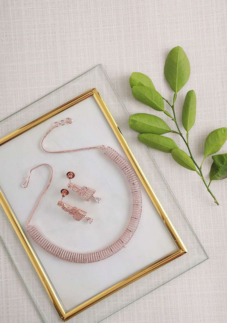 Rose Gold Plated Ad And Cz Studded Jewellery Set - Indya