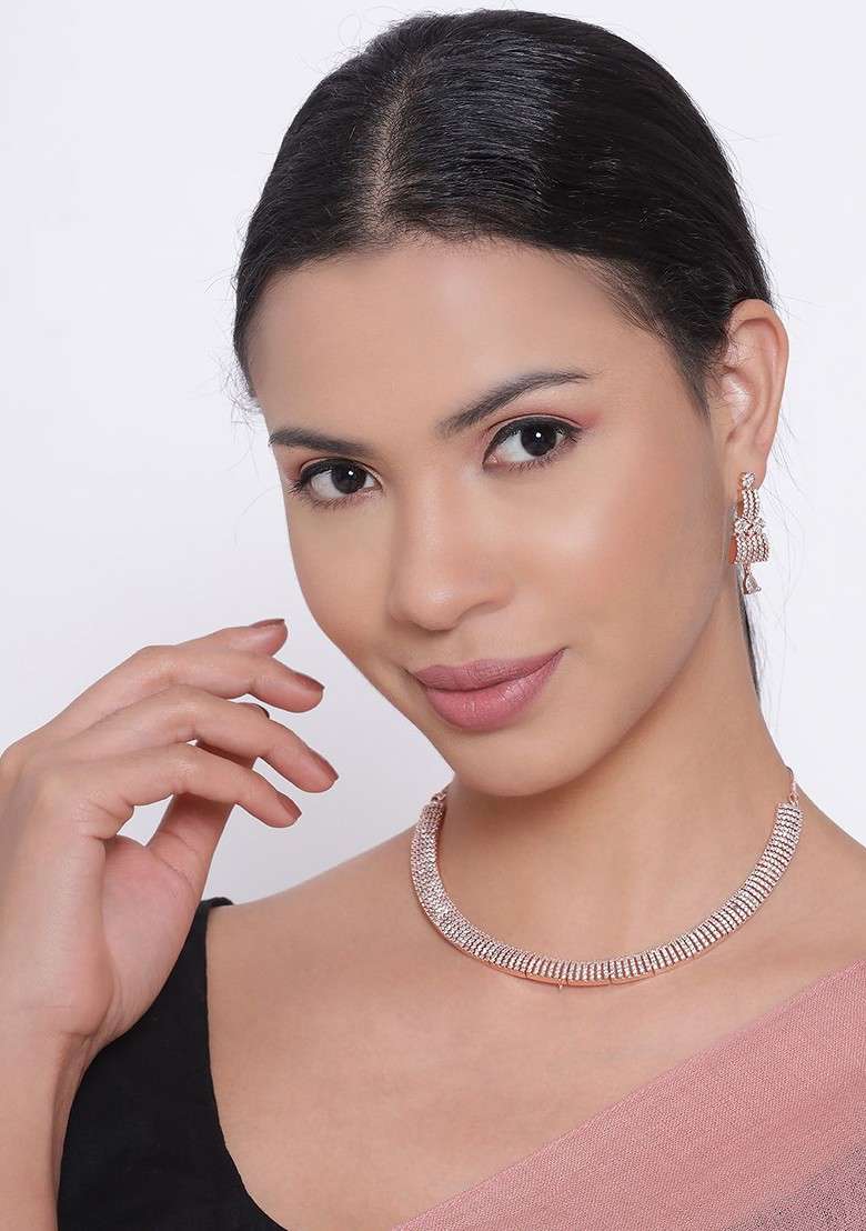 Rose Gold Plated Ad And Cz Studded Jewellery Set - Indya