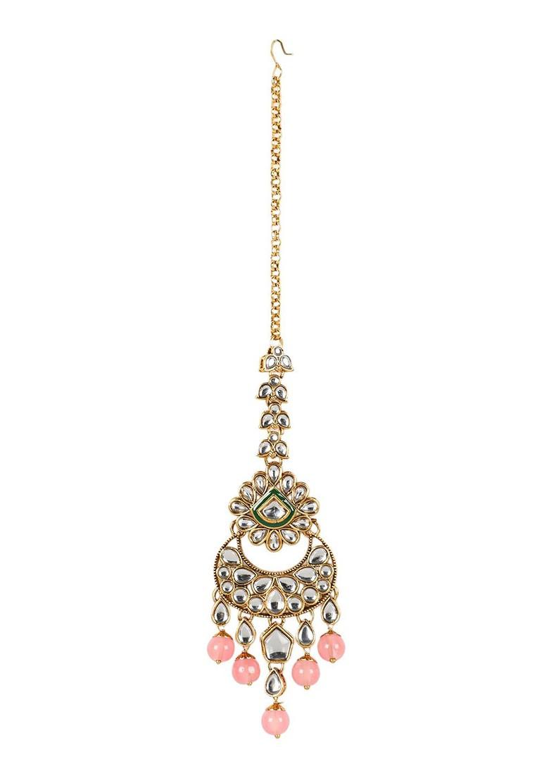 Women Gold Plated Pink And White Stone Studded And Beaded Jewellery Set