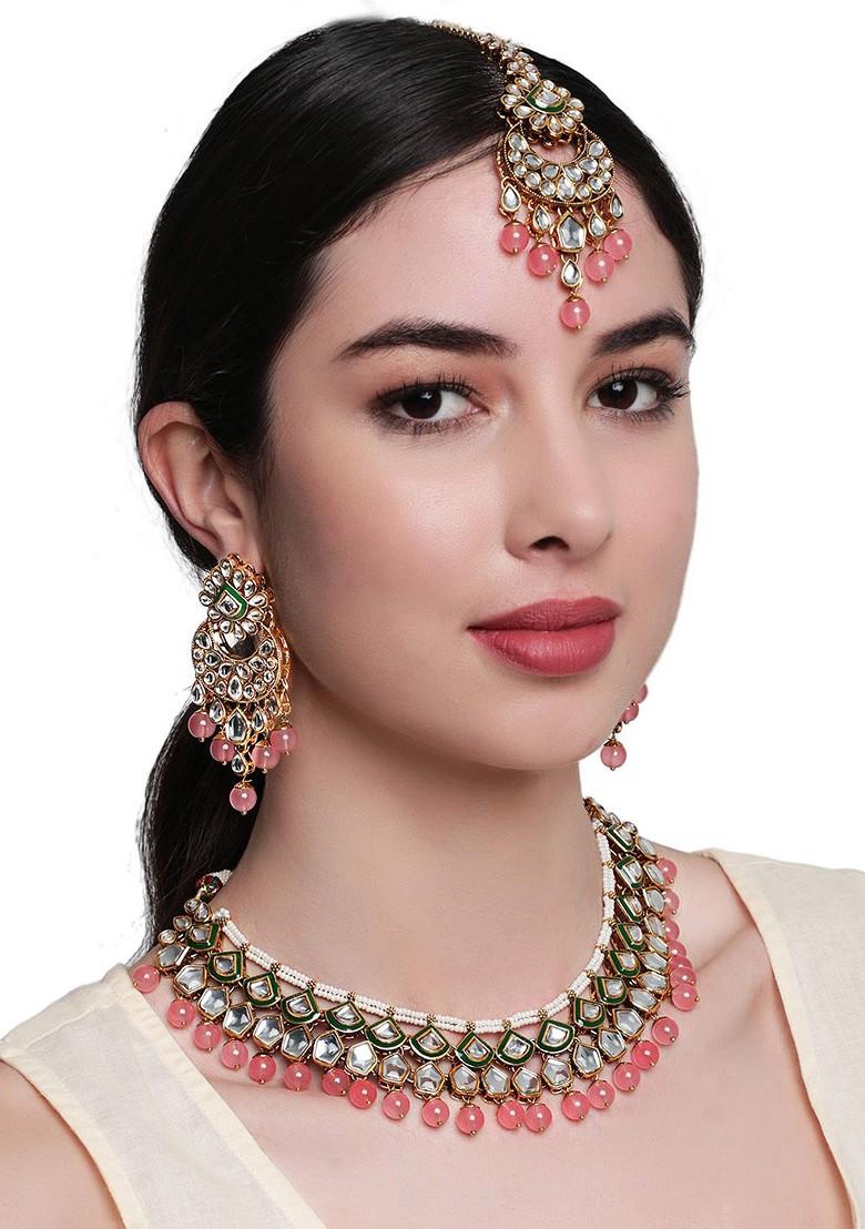 Women Gold Plated Pink And White Stone Studded And Beaded Jewellery Set