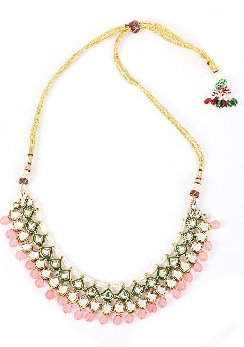 Women Gold Plated Pink And White Stone Studded And Beaded Jewellery Set