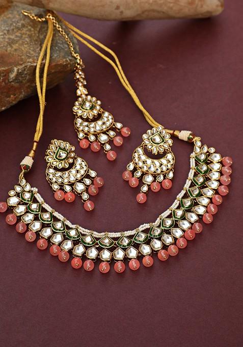 Women Gold Plated Pink And White Stone Studded And Beaded Jewellery Set