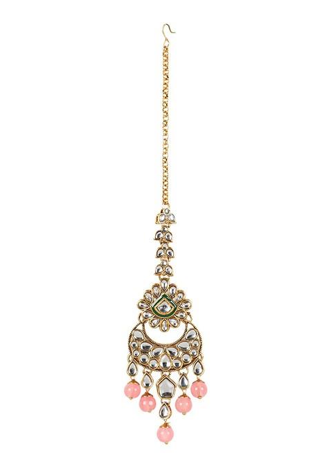 Women Gold Plated Pink And White Stone Studded And Beaded Jewellery Set