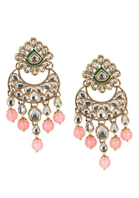Women Gold Plated Pink And White Stone Studded And Beaded Jewellery Set