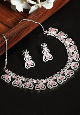 Silver Plated Silver Toned Pink Ad And Cz Studded Jewellery Set