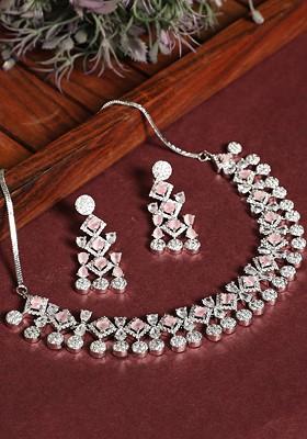 Gold Plated White And Pink Ad Studded Jewellery Set