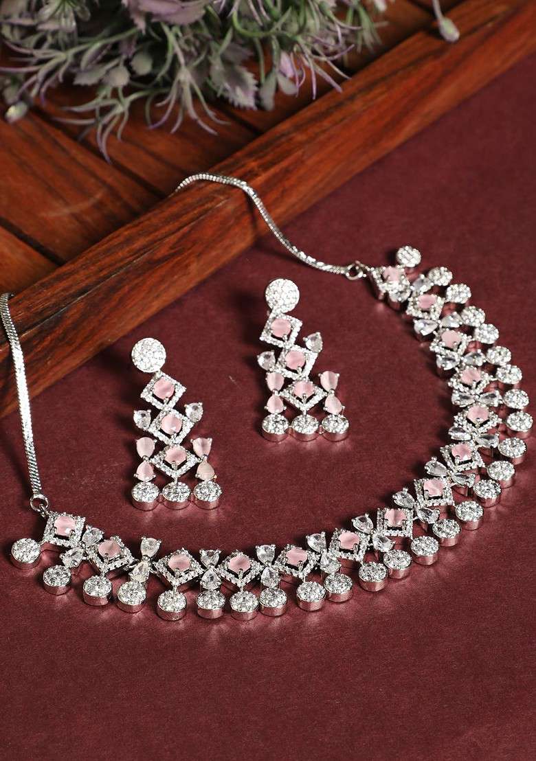 Gold Plated White And Pink Ad Studded Jewellery Set - Indya