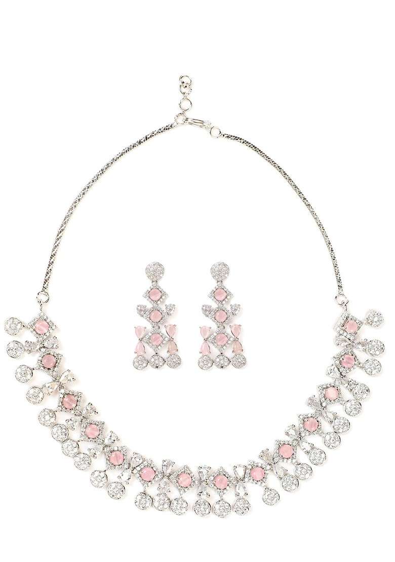 Gold Plated White And Pink Ad Studded Jewellery Set - Indya