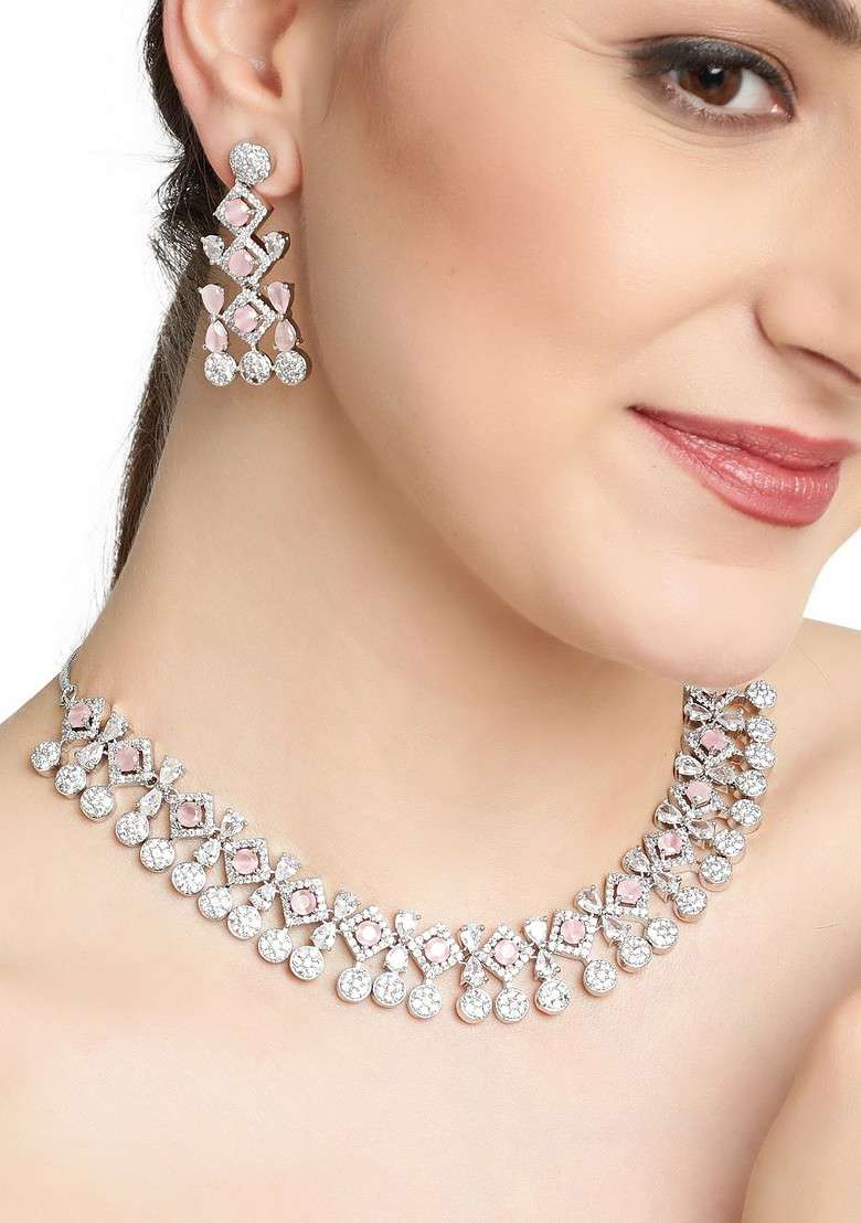 Gold Plated White And Pink Ad Studded Jewellery Set - Indya