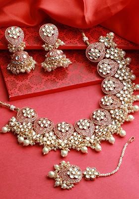 Gold Plated Maroon And White Kundan Studded Jewellery Set