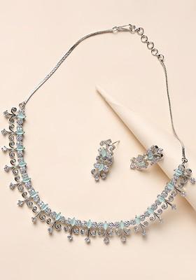 Women Silver Plated White And Green Ad Stone Studded Jewelry Set