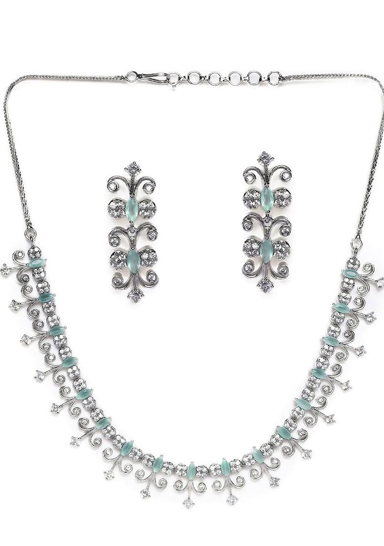 Women Silver Plated White And Green Ad Stone Studded Jewelry Set