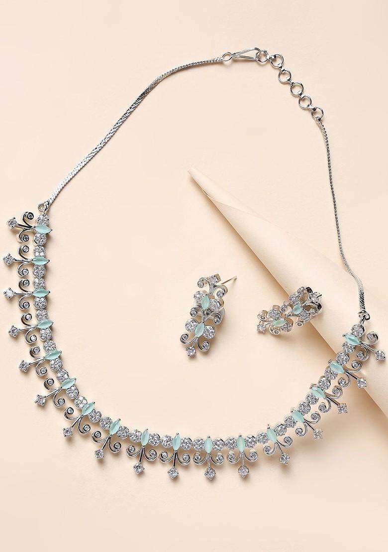 Women Silver Plated White And Green Ad Stone Studded Jewelry Set