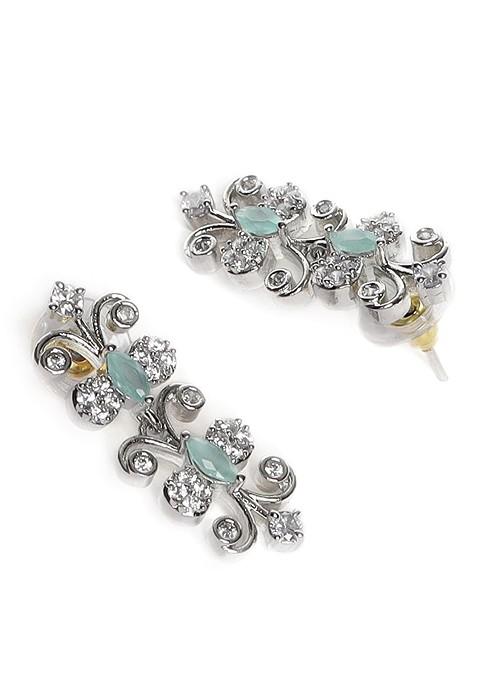Women Silver Plated White And Green Ad Stone Studded Jewelry Set