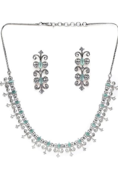 Women Silver Plated White And Green Ad Stone Studded Jewelry Set