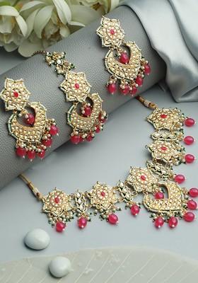Gold Plated Pink Kundan Studded Enamelled Beaded Jewellery Set