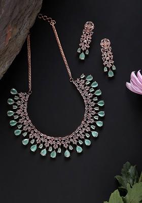 Rose Gold Plated Green Ad Studded And Beaded Jewellery Set
