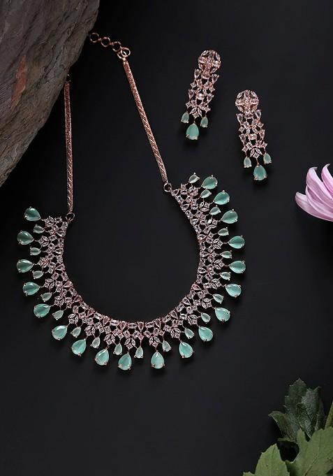 Rose Gold Plated Green Ad Studded And Beaded Jewellery Set