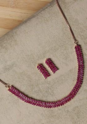 Gold Plated Magenta Ad Studded Jewellery Set
