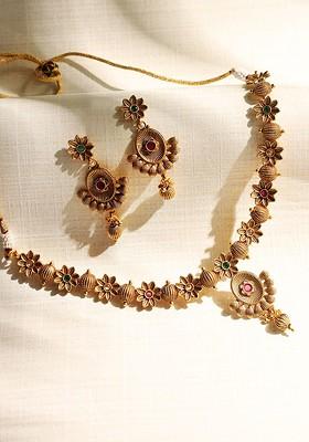 Gold Plated Red And Green Stone Studded Jewellery Set