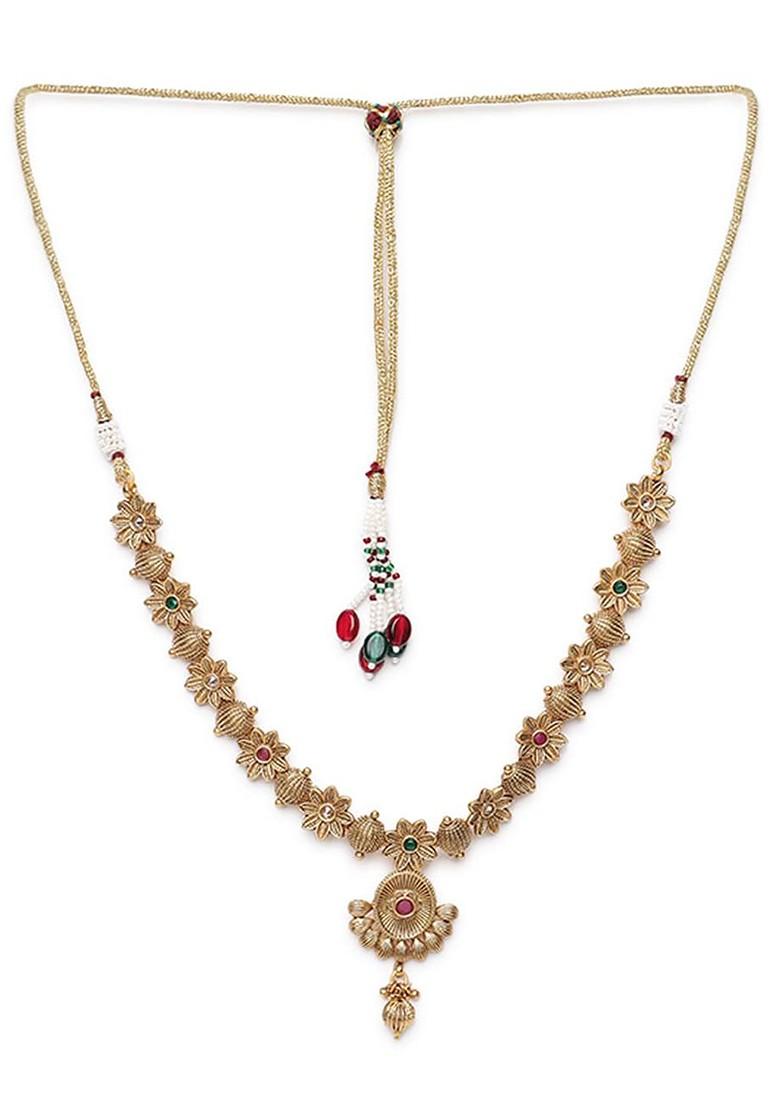 Gold Plated Red And Green Stone Studded Jewellery Set - Indya